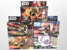 Five Hasbro Disney Star Wars figures including Assault Walker, Elite Speeder Bike, etc., boxed.