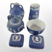 Six pieces of blue and white Jasperware.