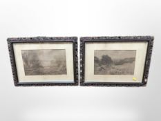 Two 19th-century monochrome prints in gilt frames, each 55cm x 41cm overall.