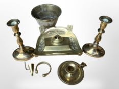 An Art Nouveau brass desk stand, together with a pair of candlesticks, a chamber stick, bowl, etc.