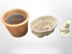 A terracotta planter, height 40cm, a further concrete planter, and an ornament of a boy.