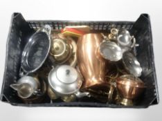 A quantity of metal wares, brass and copper ornaments, candlesticks, etc.