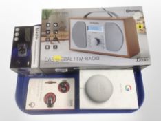 A Goodman's DAB digital radio, an Apachie dashcam, pair of headphones and a Google Nest mini,