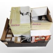 A group of new doorknobs and handles, Good Home wall lights.