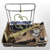 A contemporary brass column table lamp base, together with a wrought-metal umbrella stand,