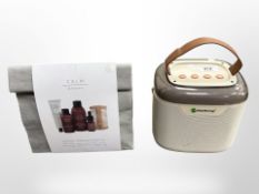 Portable New Rixing bluetooth speaker and a Calm Apothocry grooming set