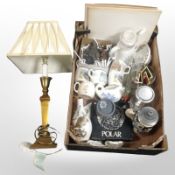 A brass lamp base together with a quantity of ceramics, pottery stein, Swarovski crystal hedgehog,