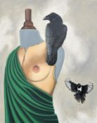 Jan J : Mannequin with jackdaw, oil on canvas, 81cm x 100cm.