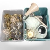 A quantity of modern lamp bases, angle-poise lamp, pair of brass candlesticks, etc.