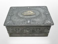 A German pewter rectangular trinket box depicting Cologne Cathedral, width 15cm.