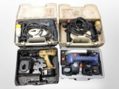 A DeWalt drill, an Agojama rechargeable circular saw, and two further Bosch power tools, all boxed.