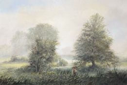 20th-century school : Figures in marshland, oil on canvas, 76cm x 50cm, indistinctly signed.