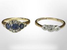 An 18ct yellow gold ring set with sapphires and rose cut diamonds,