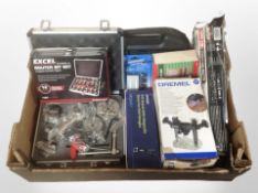 A quantity of tools and hardware including Excel router bit set, drill bit set, etc.
