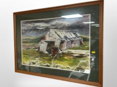 Ann Howard (Contemporary) : A stone farm building on an upland landscape, watercolour, 45cm x 67cm.