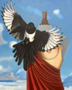 Jan J : Mannequin with magpie, oil on canvas, 81cm x 100cm.