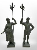 A pair of late-19th century French patinated spelter figures holding halberds, height 32cm.