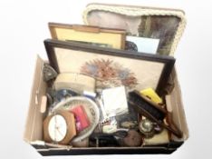 A box of miscellaneous items including serving tray, metal wares, Victorian desk punch,