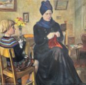 A Seeborg Ohlsen : Lady sewing with a child, oil on canvas, 95cm x 94cm.