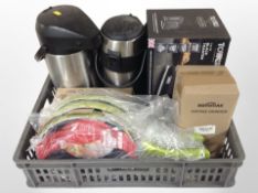 A quantity of new kitchen pans, coffee grinder, toaster, etc.