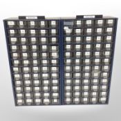 Two enamelled hardware storage boxes containing a large quantity of resistors, each 30cm wide.