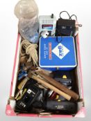 A group of power and hand tools, camping stove, etc.