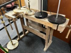 An early-20th century pine joiner's workbench, 120cm wide x 56cm deep x 79cm high.