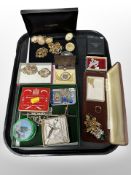 A group of costume brooches, religious jewellery, rosary beads, etc.