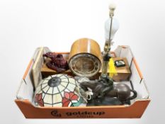 A Tiffany-style light shade, together with a brass-mounted lamp base, Art Deco mantle clock,