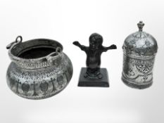 A 19th-century Indian Bidri ware cylindrical box and cover, and a further cauldron, tallest 15cm,