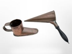 Two 19th-century copper ale mulling flasks, one in the form of a boot, 26cm long.