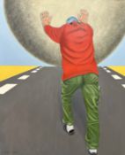 Jan J : Figure on a road, oil on canvas, 81cm x 100cm.