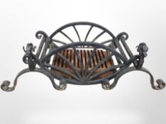 A 19th-century wrought-iron fire grate and pair of firedogs, width 96cm.
