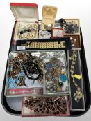 A collection of vintage and modern costume jewellery, gold-plated pieces, bead necklaces, cufflinks,