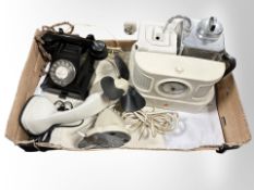A vintage Bakelite telephone, together with a Goblin Teasmade, enamelled metal desk fan, etc.