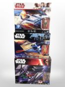 Three Hasbro Disney Star Wars models, Resistance A-Wing Fighter, Tie Fighter,