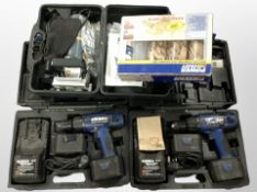 A Powercraft biscuit-jointing accessory set, two Kobe cordless drills,