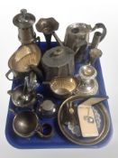 A group of antique stainless steel and pewter tea wares, candlestick, cutlery, inkwell,