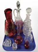A group of clear crystal and ruby glass items, paperweight, etc.