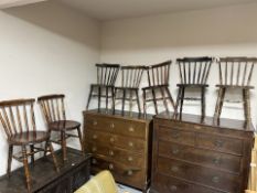 Seven various beech spindle back chairs.