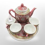 A Chinese porcelain six-piece tea service on tray.