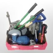 A group of hand and power tools, Workzone bench grinder, Bosch circular saw, digital calipers, etc.