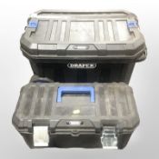 Two Draper toolboxes containing assorted woodcutting knives and other hand tools.
