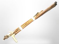 A group of walking sticks and shoehorns.