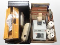 A quantity of vinyl 78s and singles, together with a briefcase, vintage adding machines,