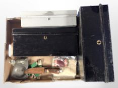 A group of metal deed boxes, hunting knife with antler handle, aluminium dog inkwell, etc.