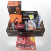 A group of power tools and hardware including Einhell bench grinder,