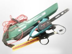 A Bosch electric chainsaw, a Qualcast garden vacuum, and a Ryobi expandit hedge clipper attachment.