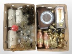 A group of brass and copper wares, mantle clock, stoneware hot water bottles, drinking glasses, etc.