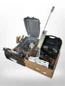 A collection of power and hand tools, dremel, glue gun, garden weed burner, etc.